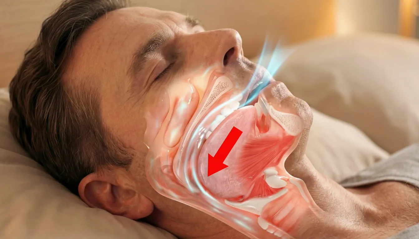 Mand der sover med illustration af luftveje, der viser snorkemekanismen
