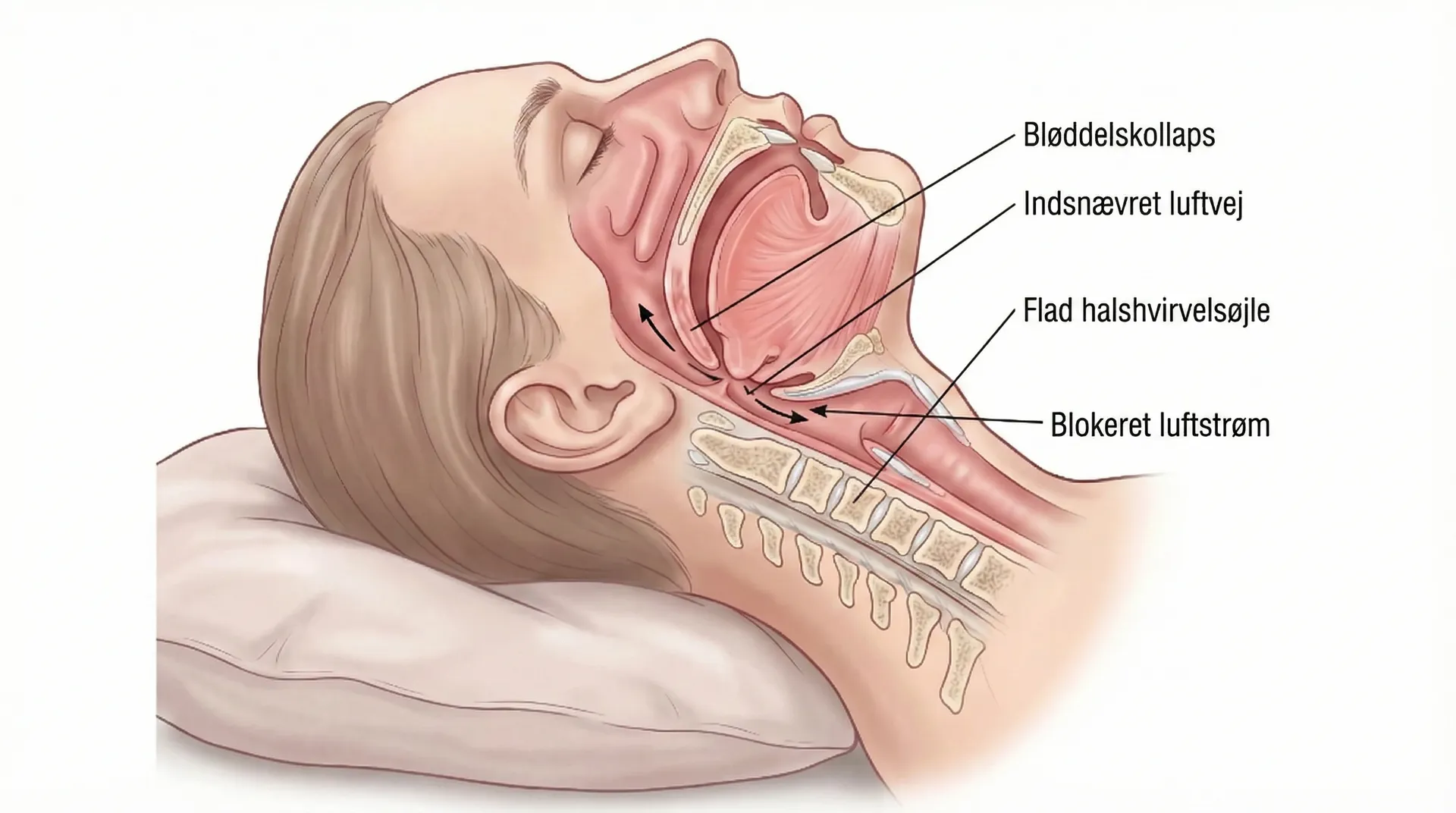 Diagram der viser kollaps i svælgets luftveje med udfladet halshvirvelsøjle og blokeret luftstrøm