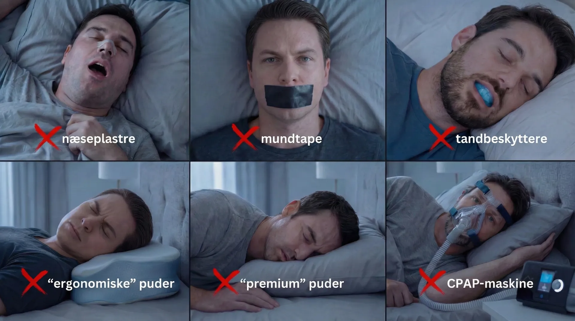 Almindelige løsninger mod snorken der ikke virker: næsestrips, mundtape, bideskinner, ergonomiske puder, premium puder, CPAP maskine