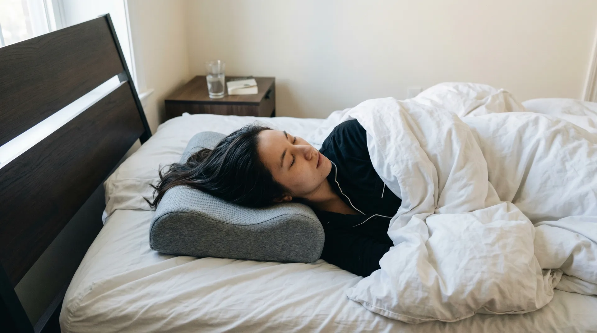 Person der sover godt på ergonomisk nakkepude uden morgensmerter