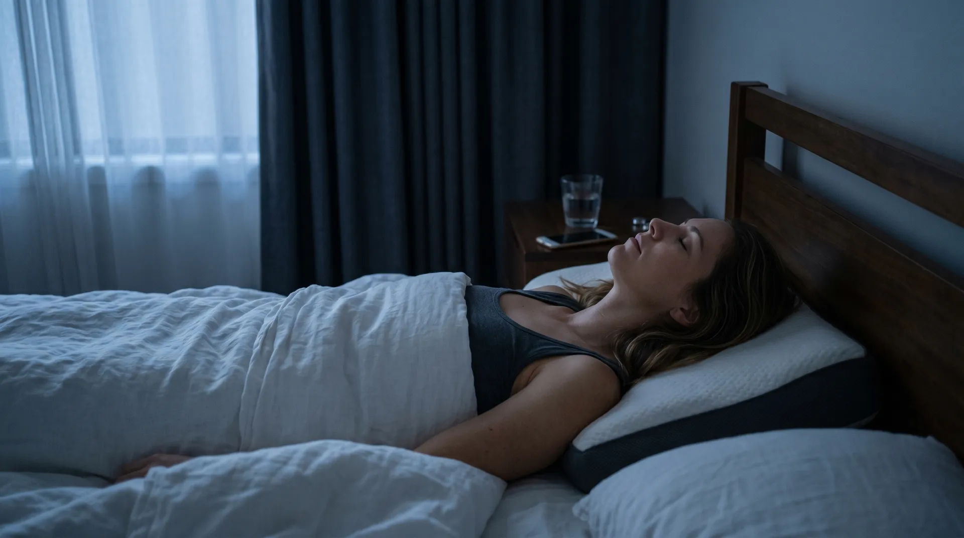 Kvinde sover dybt i mørkt soveværelse