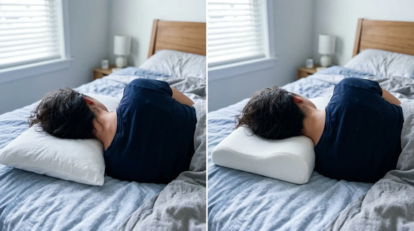 Før og efter sammenligning af nakkeposition med almindelig vs ergonomisk pude