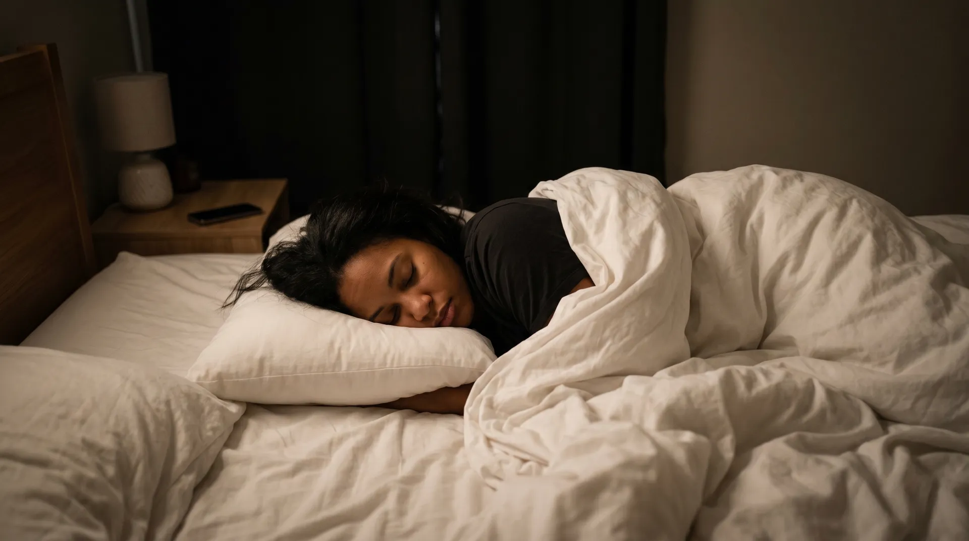 Person sover roligt i mørkt soveværelse med optimal søvnergonomi