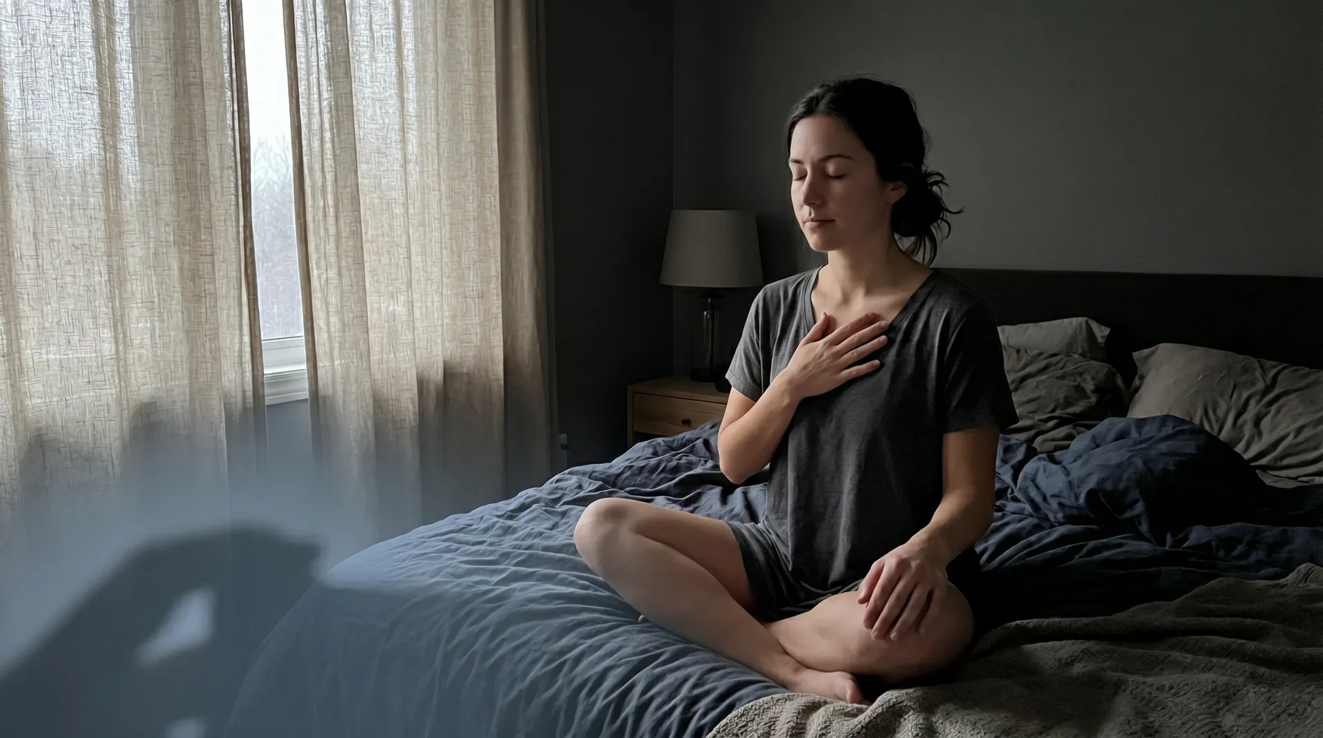 Person laver åndedrætsøvelser i ro før sengetid