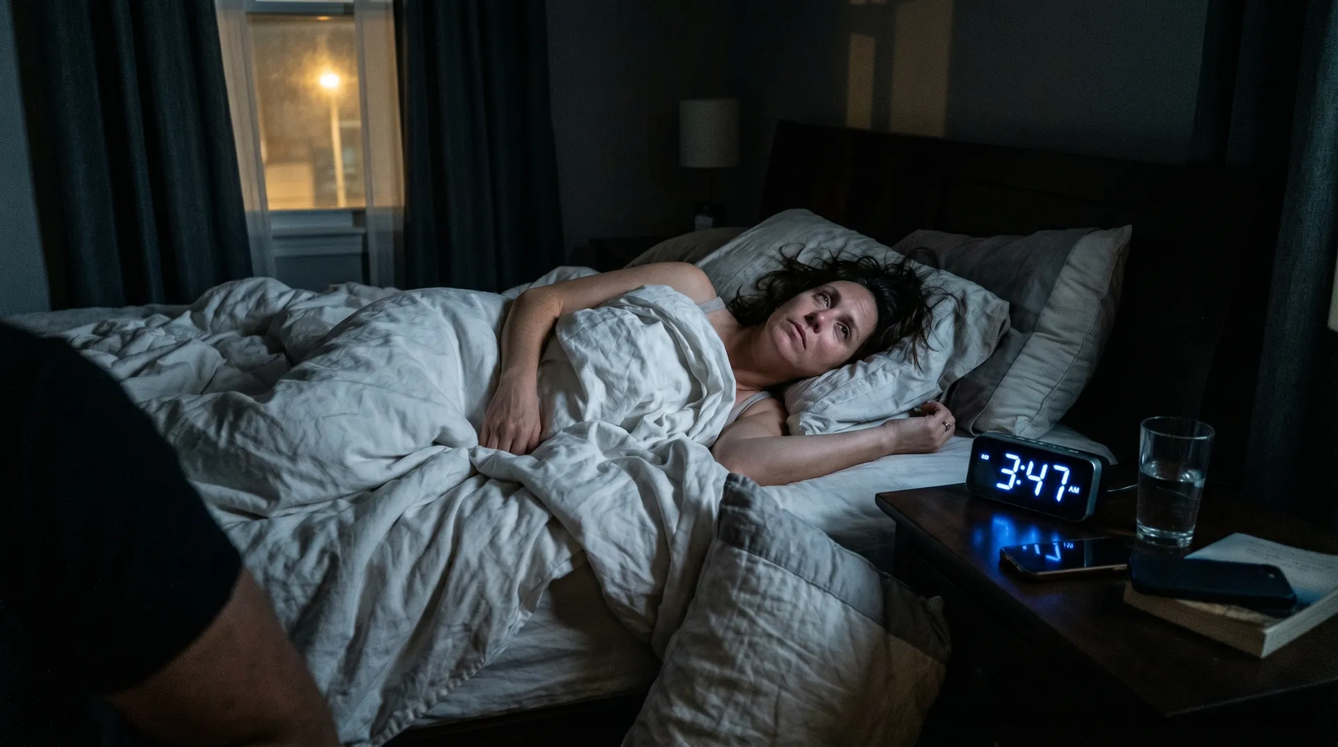 Kvinde ligger vågen i sengen om natten og kigger på vækkeuret